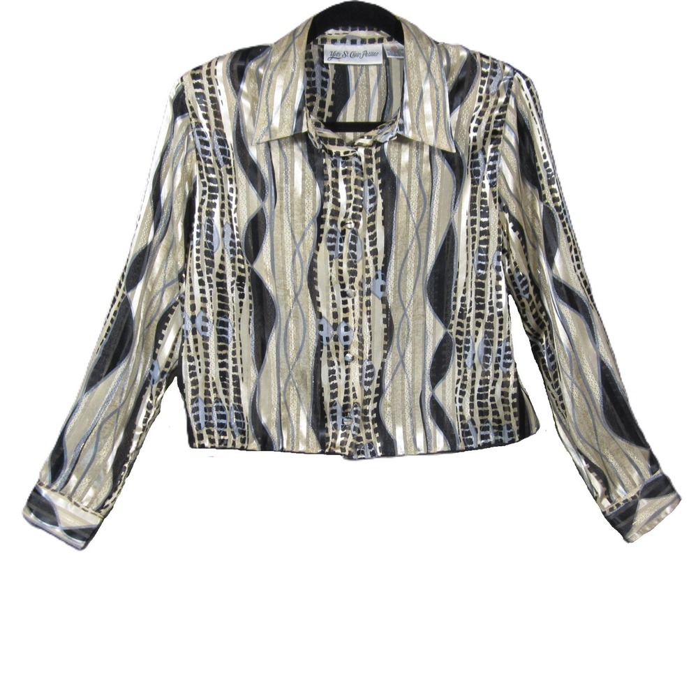 Vtg 80s Yves St Clair Petites Shirt 12P Gold Black Abstract Silky‎ Career Glam
